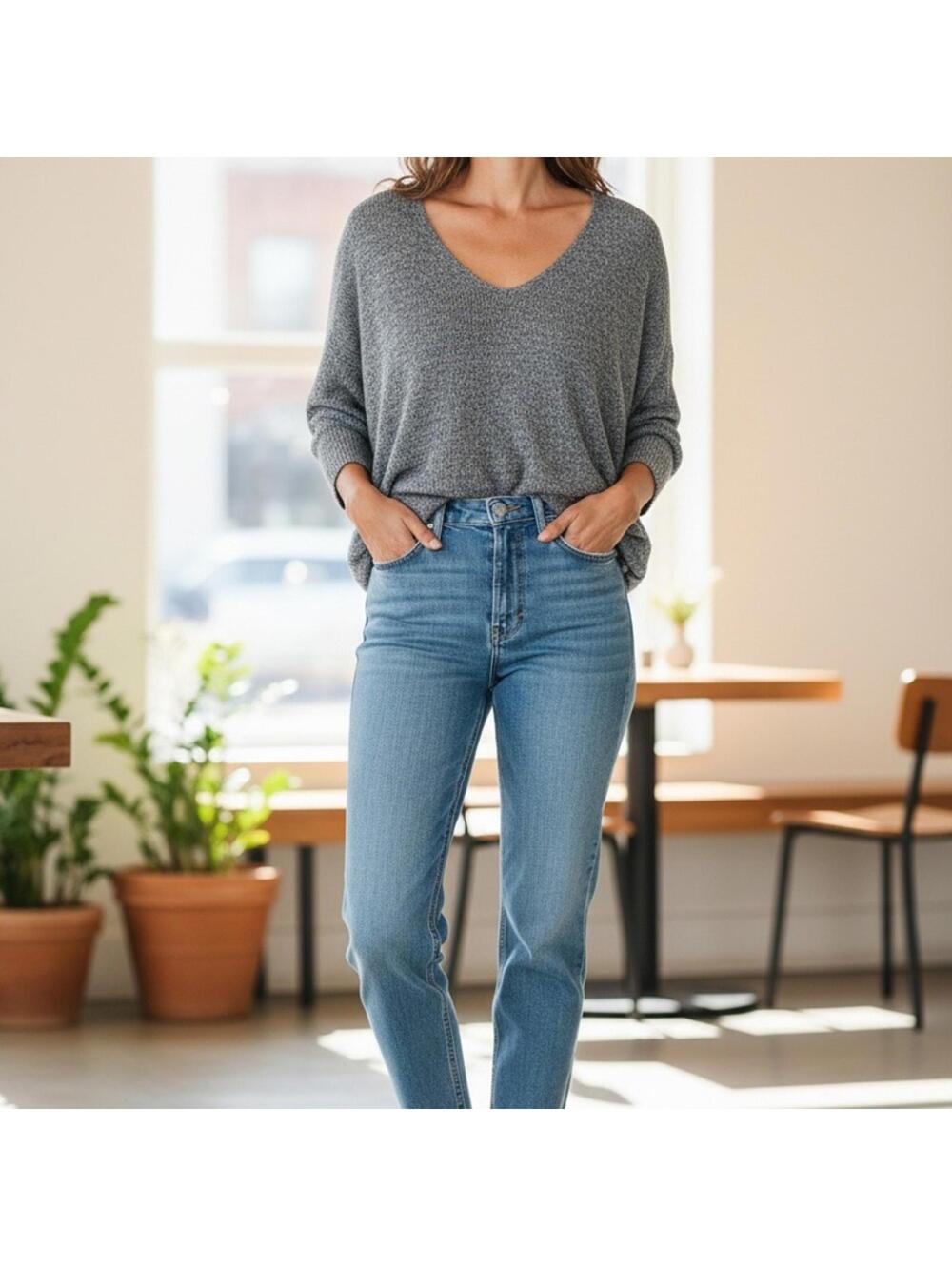 Express Marled Gray V-Neck Long Sleeve Sweater 494